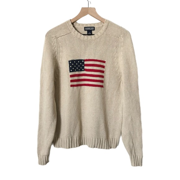 Lands' End Sweaters - Lands End Sweater 100% Cotton Beige American Flag Intarsia Knit Size Medium